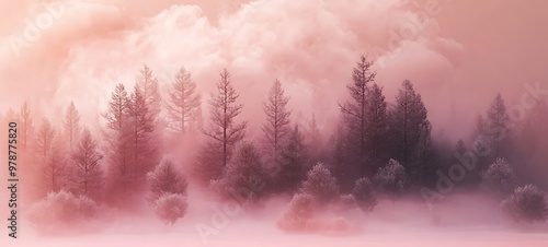 Forest with dust and fog, illustration background, pink background banner