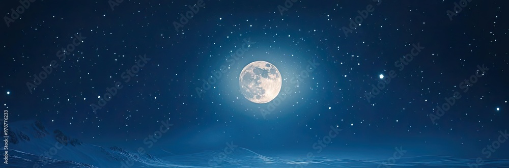 Fototapeta premium A serene winter night featuring a group of reindeer silhouetted against a full moon and starry sky, creating a magical atmosphere.