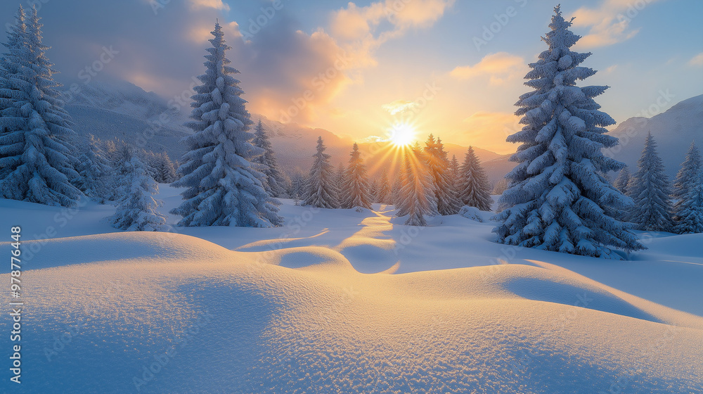 Fantastic orange evening landscape glowing by sunlight. Dramatic wintry scene with snowy trees. Fantastic orange evening landscape glowing by sunlight. Dramatic wintry scene with snowy trees.