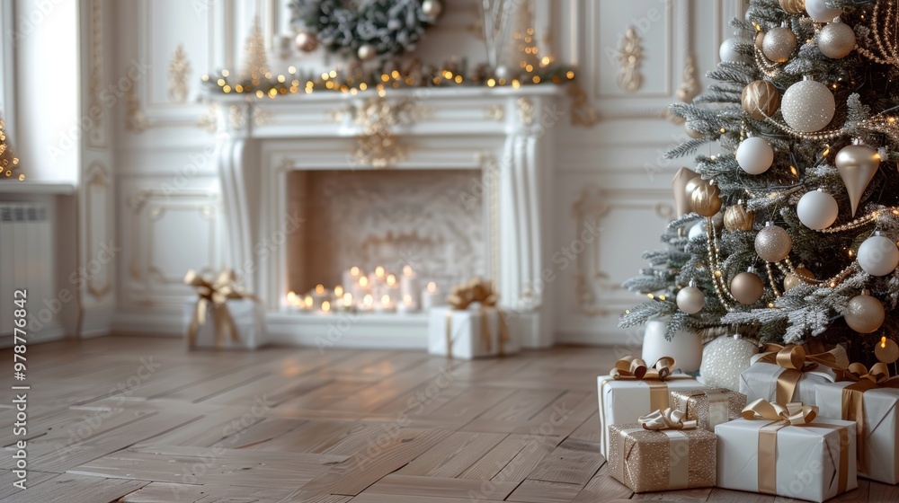 Beautiful Christmas tree with white and gold decorations, gifts, and a cozy fireplace setting Happy New Year bokeh banner empty space Beautiful Christmas tree with white and gold decorations, gifts, and a cozy fireplace setting Happy New Year bokeh banner empty space