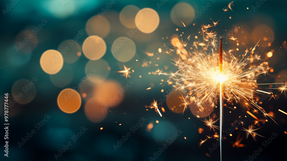 Obraz premium Sparkler that is lit up in the dark. Celebrations sparkler with night lights. A sparkler is lit