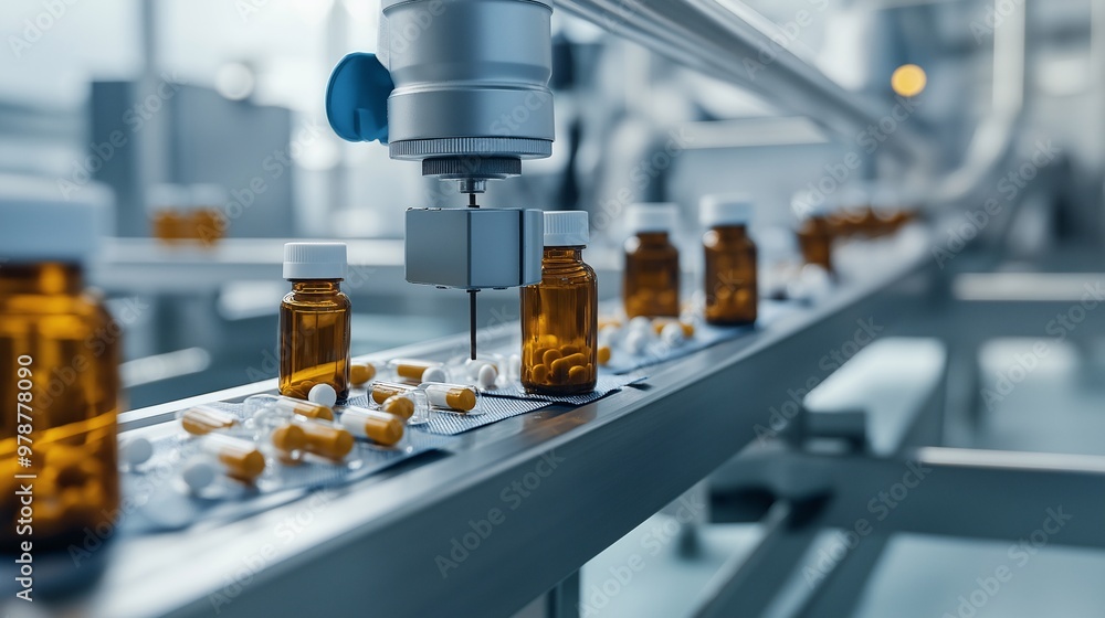 A clean and efficient production line in a pharmaceutical factory, with focus on medicine bottle precision A clean and efficient production line in a pharmaceutical factory, with focus on medicine bottle precision