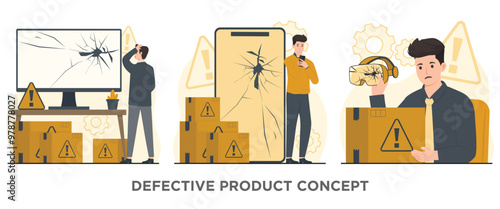 Defective product vector concept Bad quality Broken computer screen gamepad smartphone Vector illustration