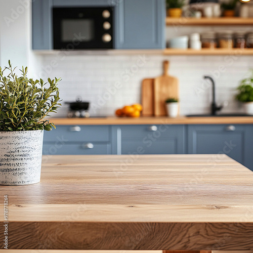 photo of a tabletop in close-up against the background of the kitchen