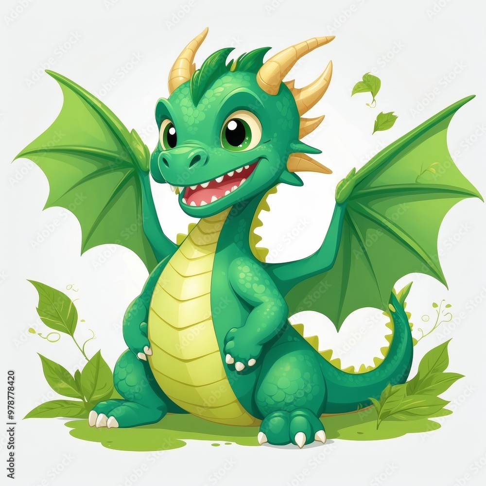 Fototapeta premium Cheerful Green Dragon with Open Wings