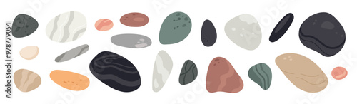 Pebble stones. Smooth rocks rolled by sea. Rounded gravel with textures. Different abstract shapes. Natural formations. Oval solid boulders. Spa cobblestones. Garish vector geologic set