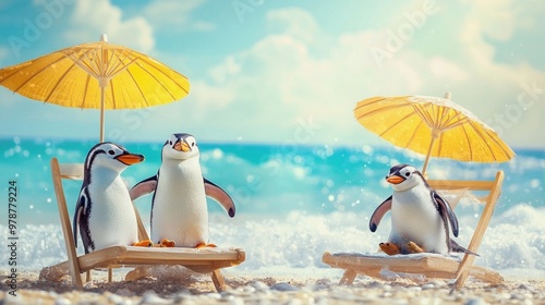 Three cute penguins sit on beach chairs under colorful umbrellas