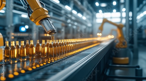 A high-tech factory producing glass bottles on a conveyor belt, with robotic arms precisely handling the products photo