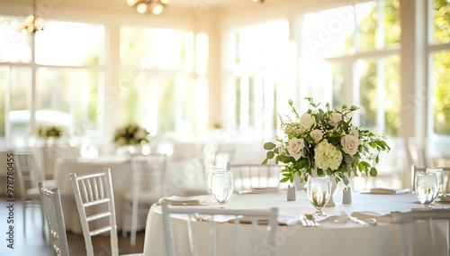 A floral centerpiece on a white tablecloth in a wedding reception setting.