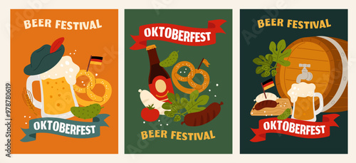 Oktoberfest beer holiday cards. Traditional drink festival. Pint mugs with foam drink. Pretzels and Bavarian sausages. German alcohol party. Brewery barrel. Garish vector banners set