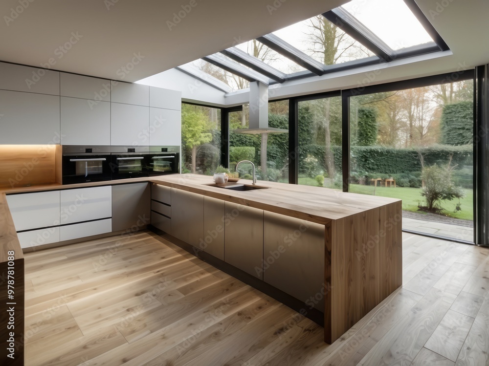Modern Kitchen with Skylight and Wooden Island Countertop Modern Kitchen with Skylight and Wooden Island Countertop