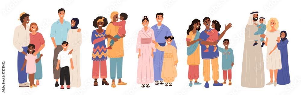 Multiracial mixed families. Parents and children of different nationalities. European persons. Mestizos. Indians group. Couples standing together with kids. Garish vector set Multiracial mixed families. Parents and children of different nationalities. European persons. Mestizos. Indians group. Couples standing together with kids. Garish vector set