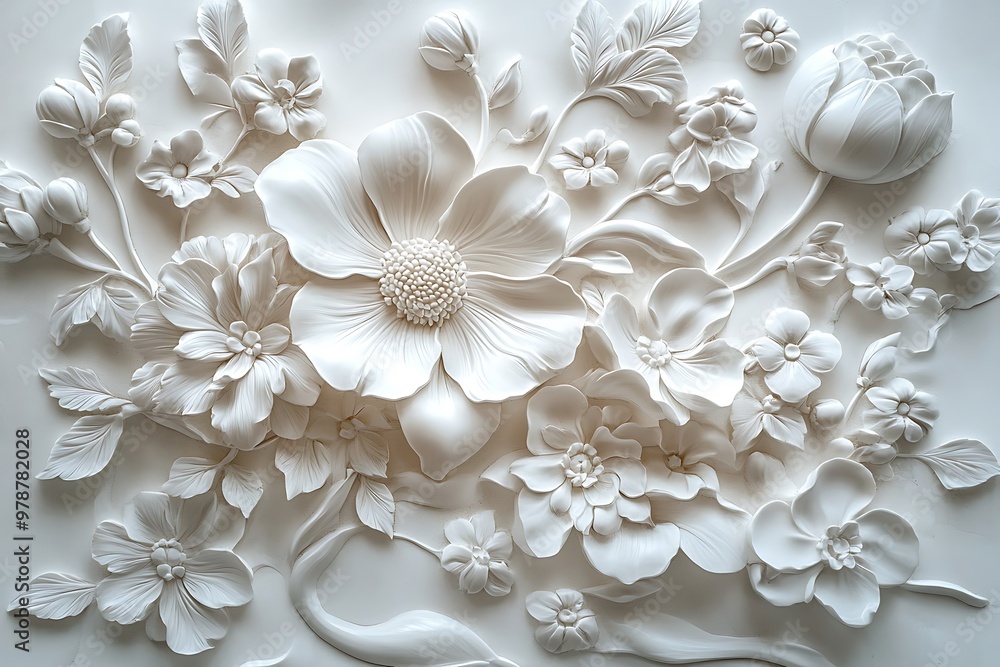 illustration an intricate white bas-relief sculpture of flowers on a wall illustration an intricate white bas-relief sculpture of flowers on a wall
