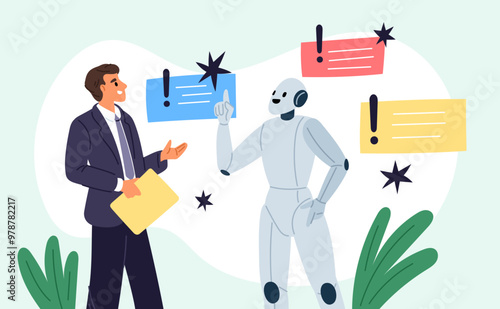 Human collaboration with artificial intelligence. Businessman talking to robot. Cyborg sharing ideas. Android and employee cooperation. Business communication. Garish vector concept