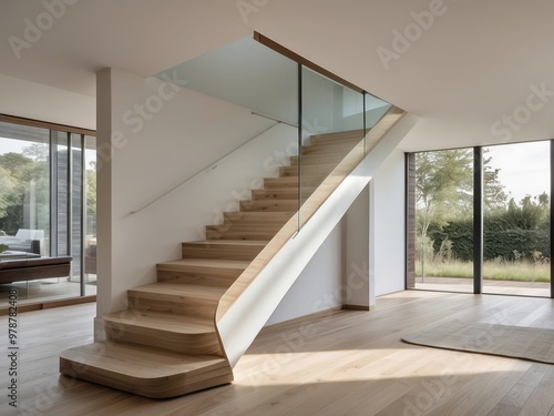Modern Wooden Staircase with Glass Railing in a Minimalist Interior