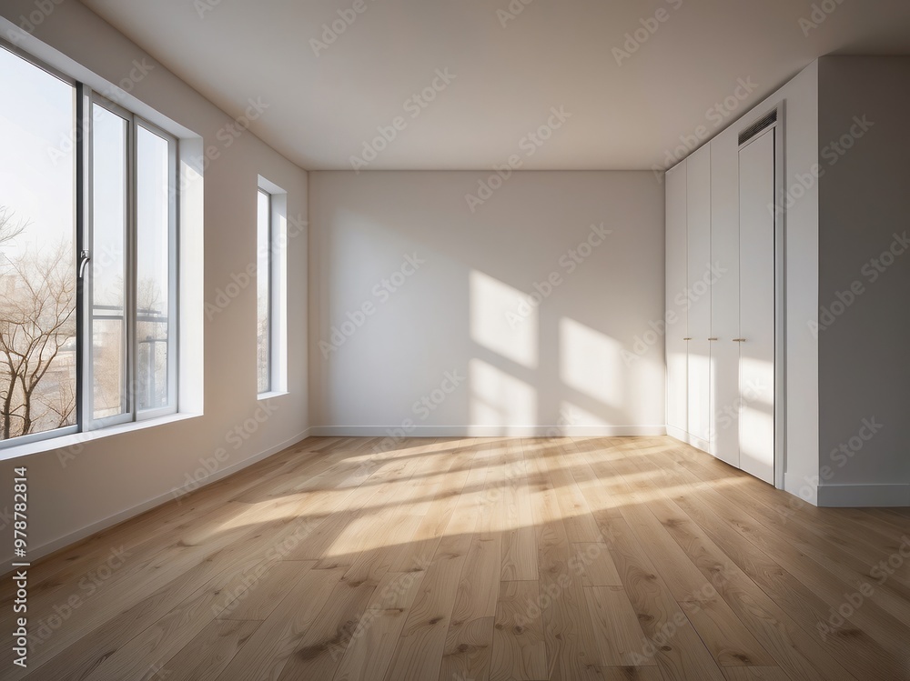 Obraz premium Empty Room with Hardwood Floors and Sunlight Streaming Through Windows