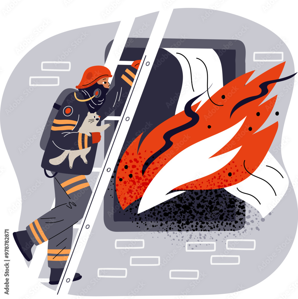 Vetor de Firefighter character. Brave fireman extinguishing fire ...