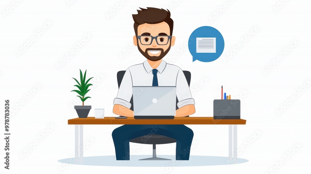 Cartoon businessman in suit working on laptop at desk in office Cartoon businessman in suit working on laptop at desk in office