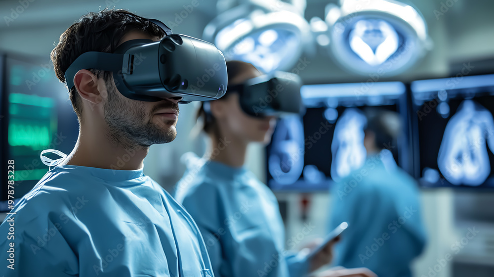 Surgeons wearing VR headsets in operating room, preparing for surgery. Surgeons wearing VR headsets in operating room, preparing for surgery.