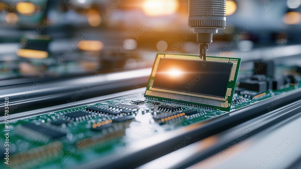 A state-of-the-art conveyor system in a tech factory assembling circuit boards with precision A state-of-the-art conveyor system in a tech factory assembling circuit boards with precision