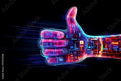   Robotic hand with data lines and power surges cyberspace showing like or good photo