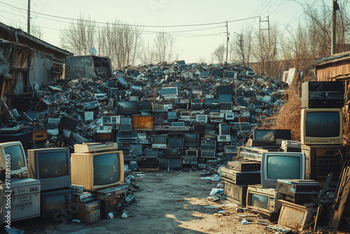 A large landfill site is overflowing with abandoned electronic devices, showcasing a chaotic array of old televisions and various tech components, highlighting e-waste issues. photo