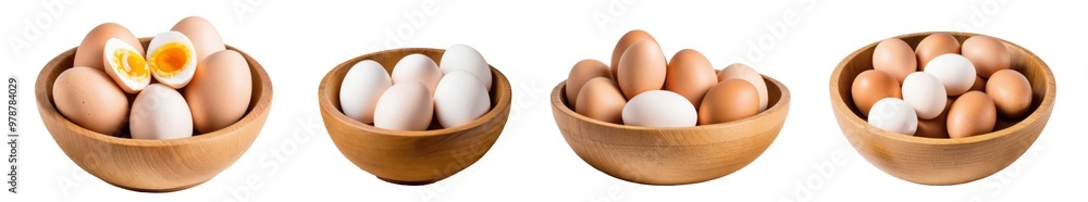 set of eggs in wooden bowl isolated on transparent background set of eggs in wooden bowl isolated on transparent background