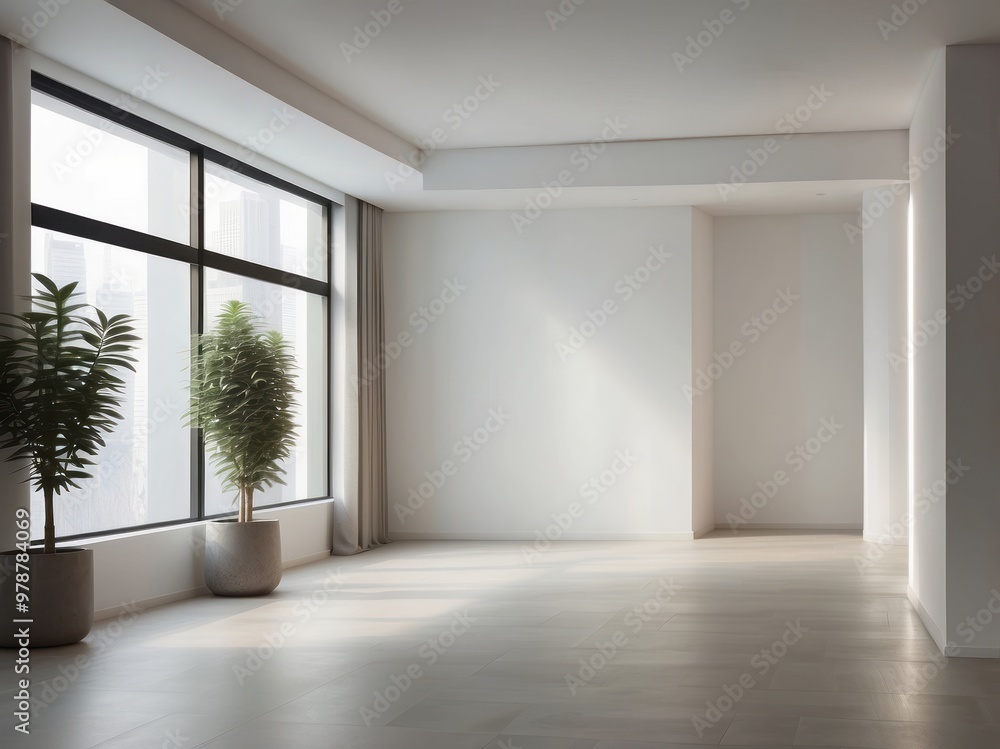 Minimalist Empty Room with Large Window and Two Plants Minimalist Empty Room with Large Window and Two Plants