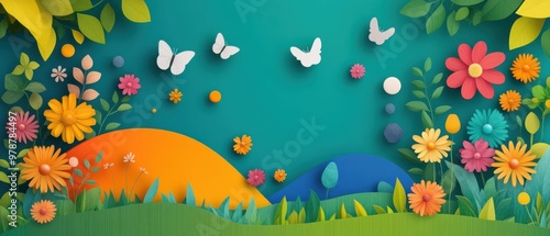 Wallpaper Mural Whimsical Garden Scene with Vibrant Flowers and Butterflies on a Teal Background Torontodigital.ca