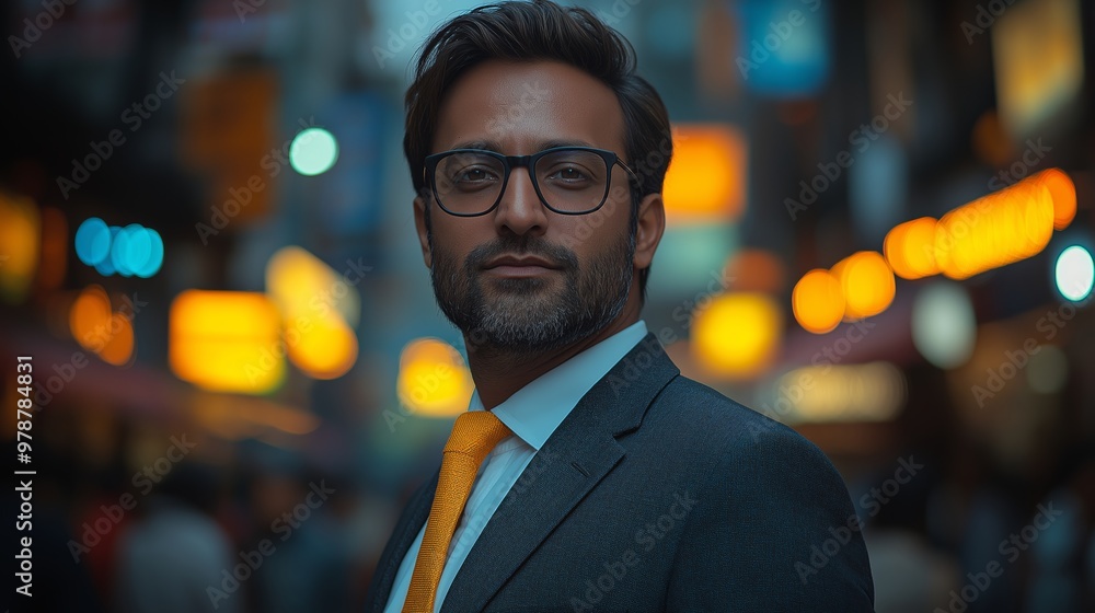 A man in a suit and tie stands in front of a city street with a yellow tie. Concept of professionalism and sophistication, as the man is dressed in a business attire A man in a suit and tie stands in front of a city street with a yellow tie. Concept of professionalism and sophistication, as the man is dressed in a business attire