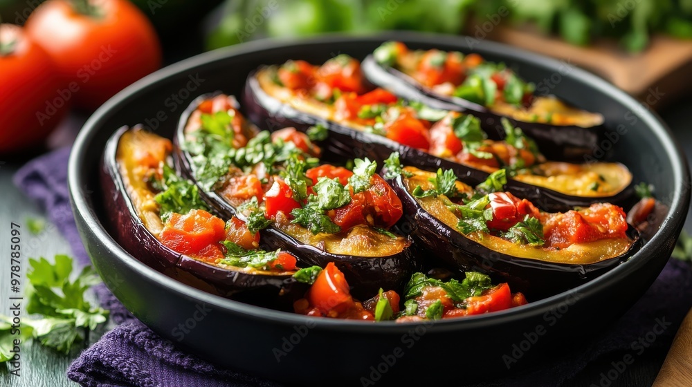 Roasted Vegetable Medley in Black Cast Iron Skillets with Fresh Herb Garnish. Roasted Vegetable Medley in Black Cast Iron Skillets with Fresh Herb Garnish.