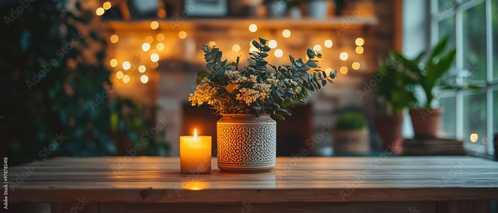 Cozy Indoor Setting with Twinkling String Lights and Warm Ambiance. Cozy Indoor Setting with Twinkling String Lights and Warm Ambiance.