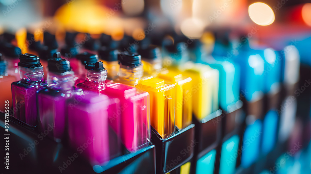 close-up of CMYK ink cartridges lined up, with the rich colors clearly visible through their transparent close-up of CMYK ink cartridges lined up, with the rich colors clearly visible through their transparent