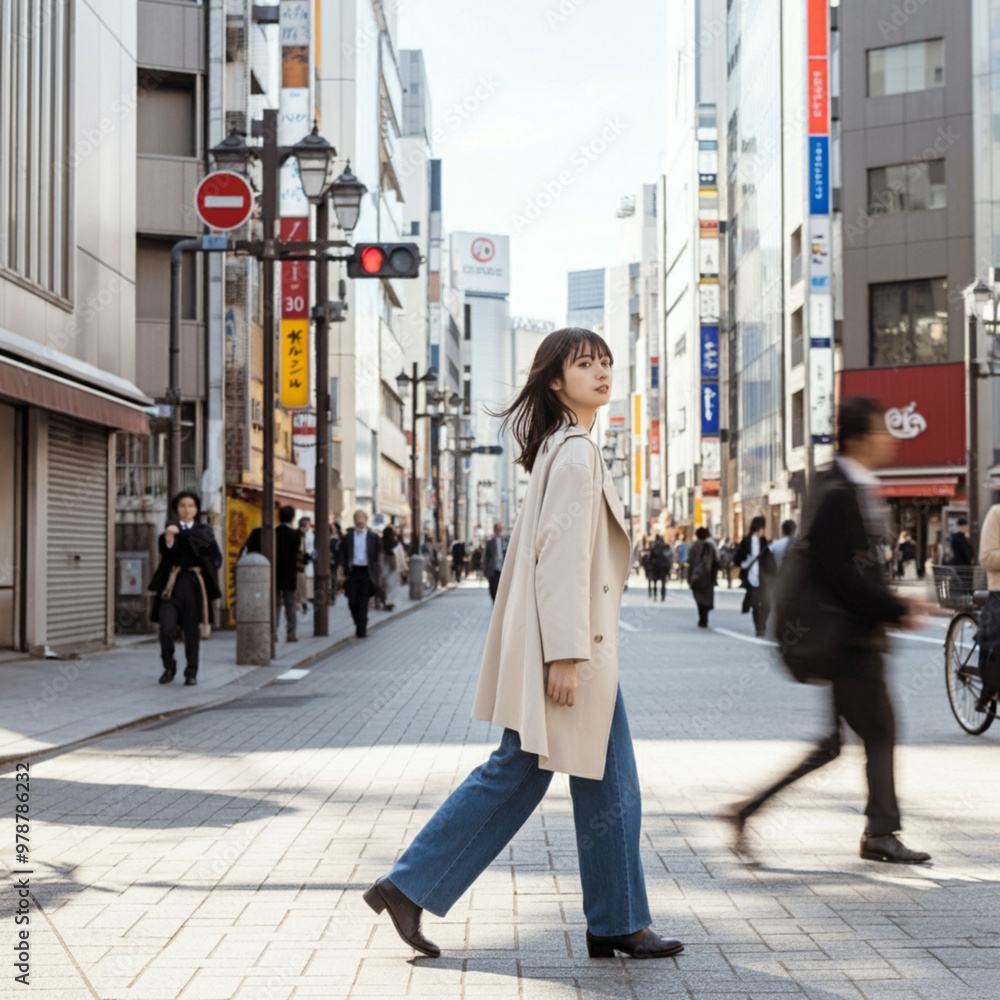 昼間の東京の街を歩く日本人の女性 昼間の東京の街を歩く日本人の女性