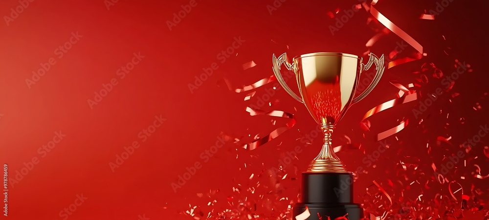 Golden trophy and streamers, business and competition concept Golden trophy and streamers, business and competition concept