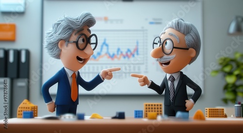 Animated Office Scene Featuring George Jetson and Mr Spacely Characters in Business Attire Discussing Charts on Computer Screen. photo