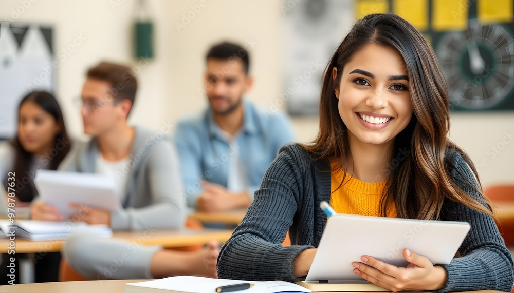 Smiling Female Student Taking Notes in Classroom Smiling Female Student Taking Notes in Classroom