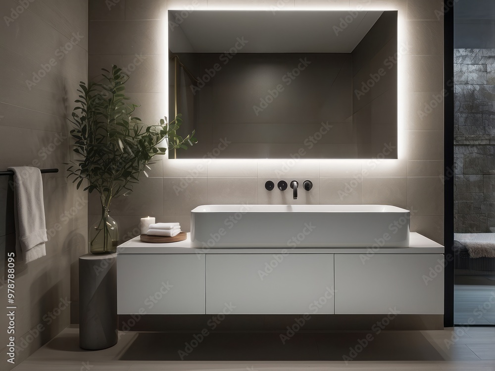 Fototapeta premium Modern Bathroom with Minimalist Sink and Backlit Mirror
