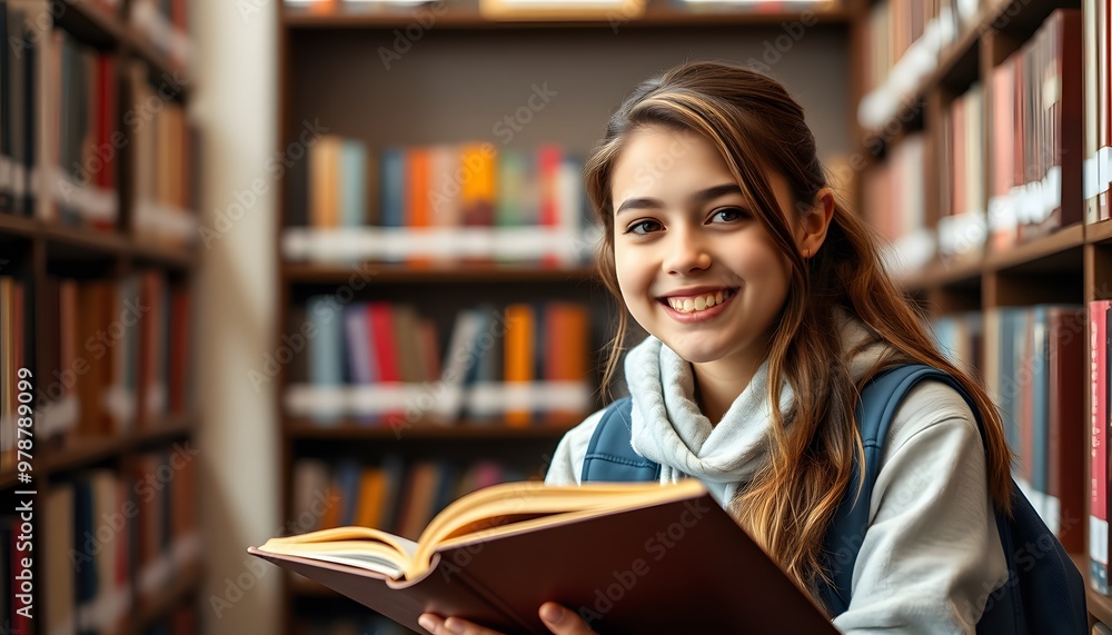 Young Woman Smiling While Reading in a Library Young Woman Smiling While Reading in a Library