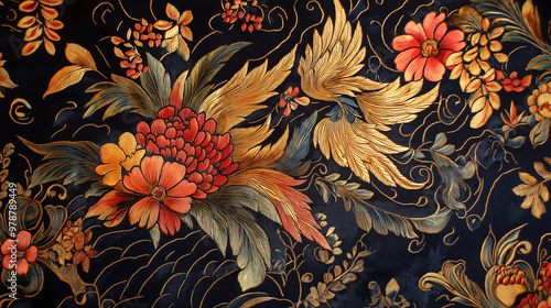 A black and gold floral print with birds and flowers photo