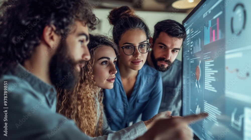 Obraz premium A business team working together, focusing on a digital interface showing business development processes