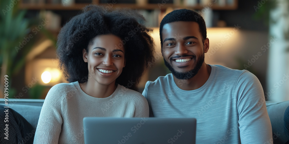 Happy couple using computer, serious wife and husband looking laptop screen Happy couple using computer, serious wife and husband looking laptop screen