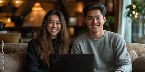  Happy couple using computer, serious wife and husband looking laptop screen