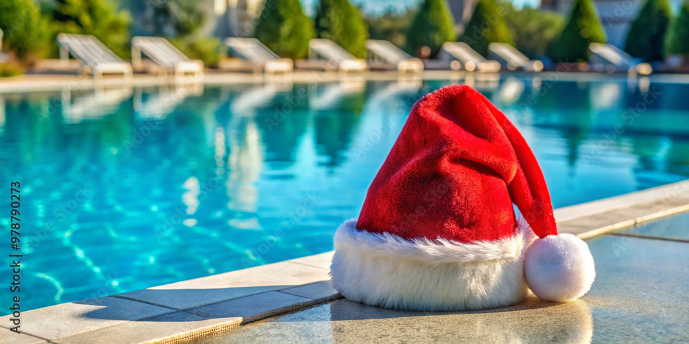 Fototapeta premium Christmas hat by the swimmingpool. Created with Generative AI