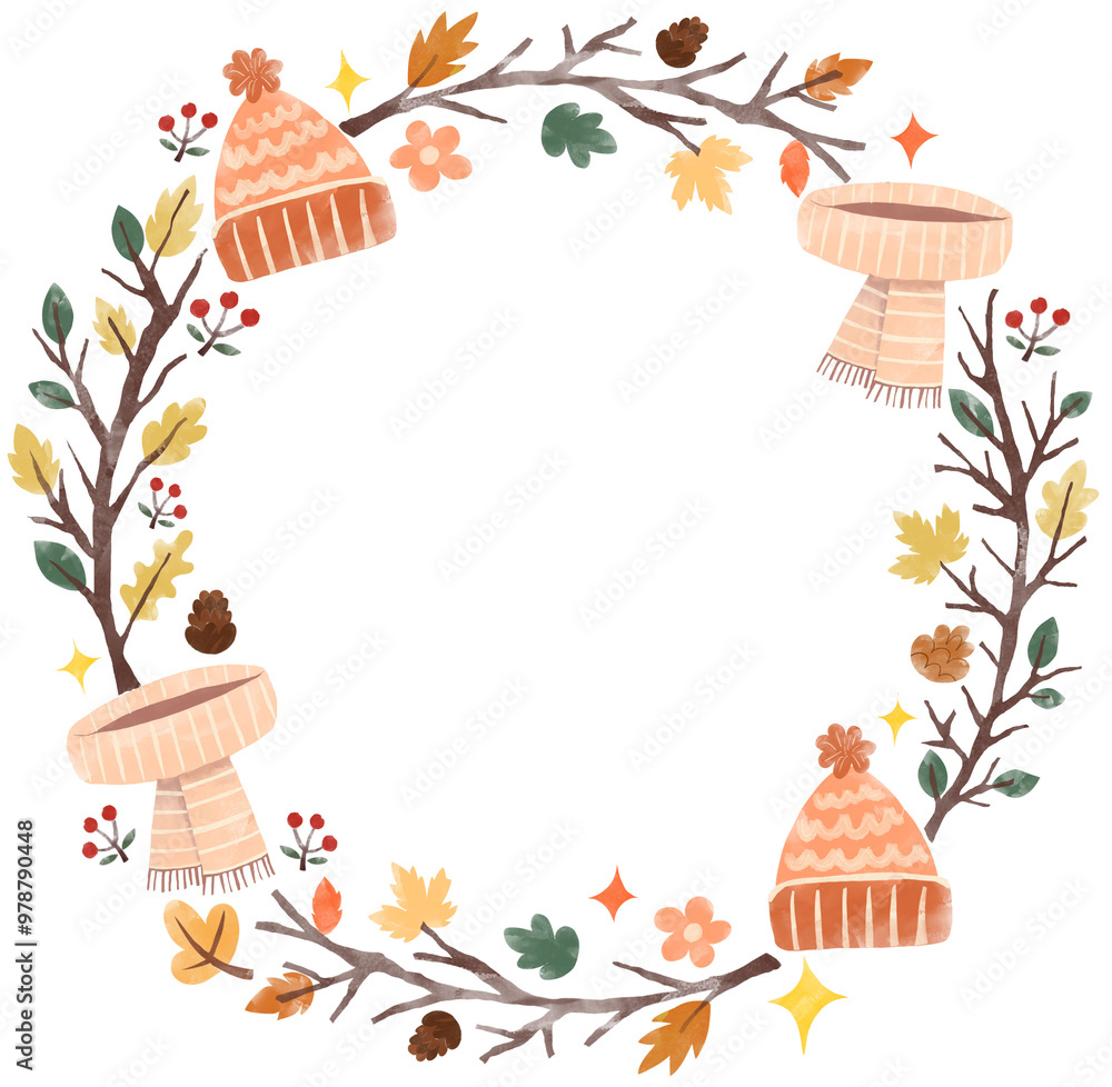 Fototapeta premium Autumn Hat Scarf Leaves Round Frame Watercolor Illustration