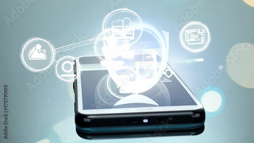 Wallpaper Mural  modern smartphone with holographic icons floating above it, representing digital communication, social media and technology. Torontodigital.ca