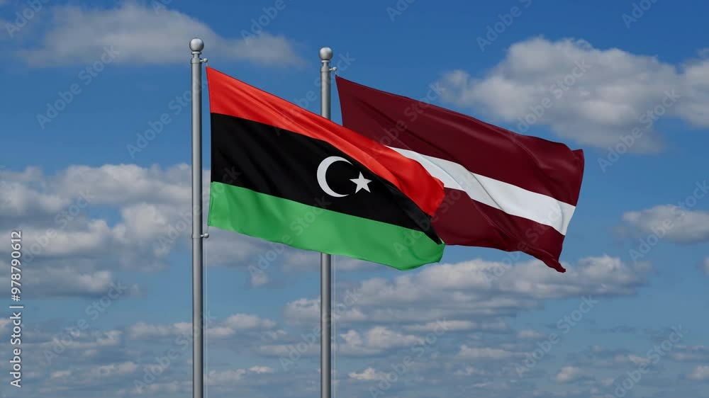 Latvia and Libya flags flying together, video concept of the relationship, two country cooperation concept Latvia and Libya flags flying together, video concept of the relationship, two country cooperation concept