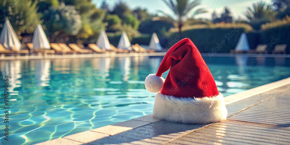 Fototapeta premium Christmas hat by the swimmingpool. Created with Generative AI