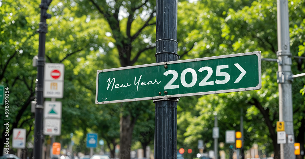 Street sign indicating direction towards New Year 2025 with trees in background Street sign indicating direction towards New Year 2025 with trees in background
