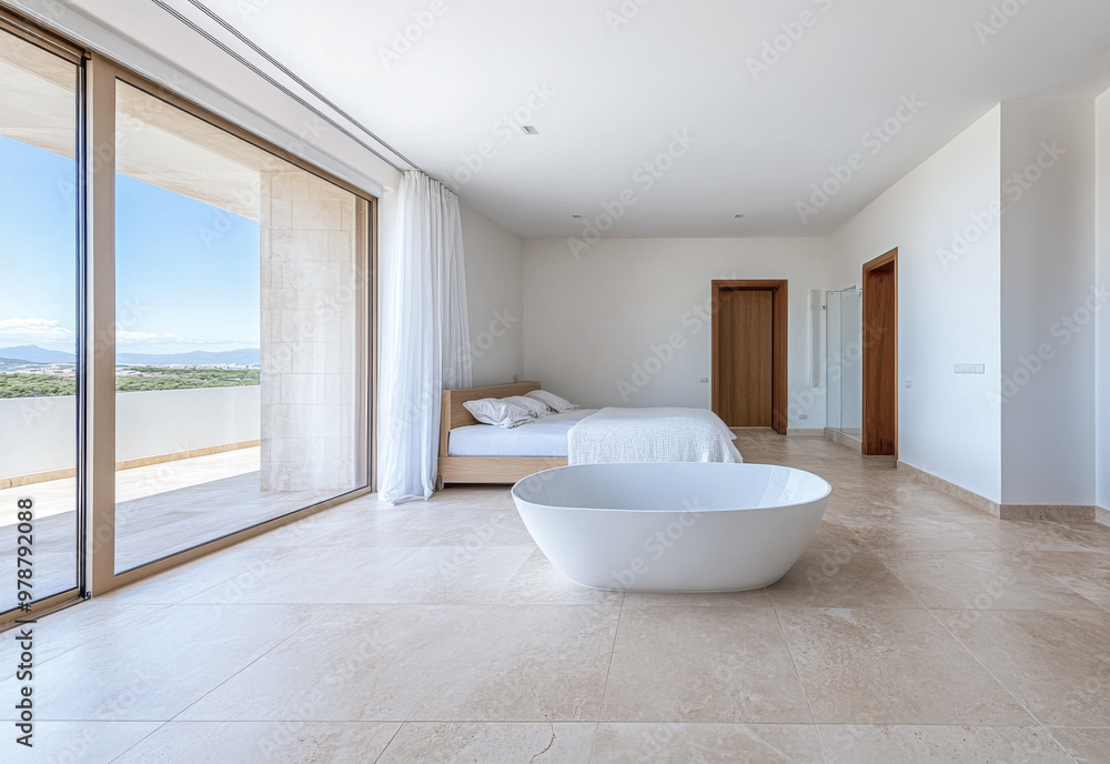 Fototapeta premium Modern minimalist bedroom with large windows and elegant freestanding bathtub overlooking a serene landscape